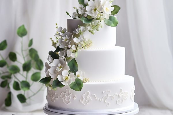 threetiered-white-wedding-cake-decorated-with-flowers-green-leaves-white-wooden-background